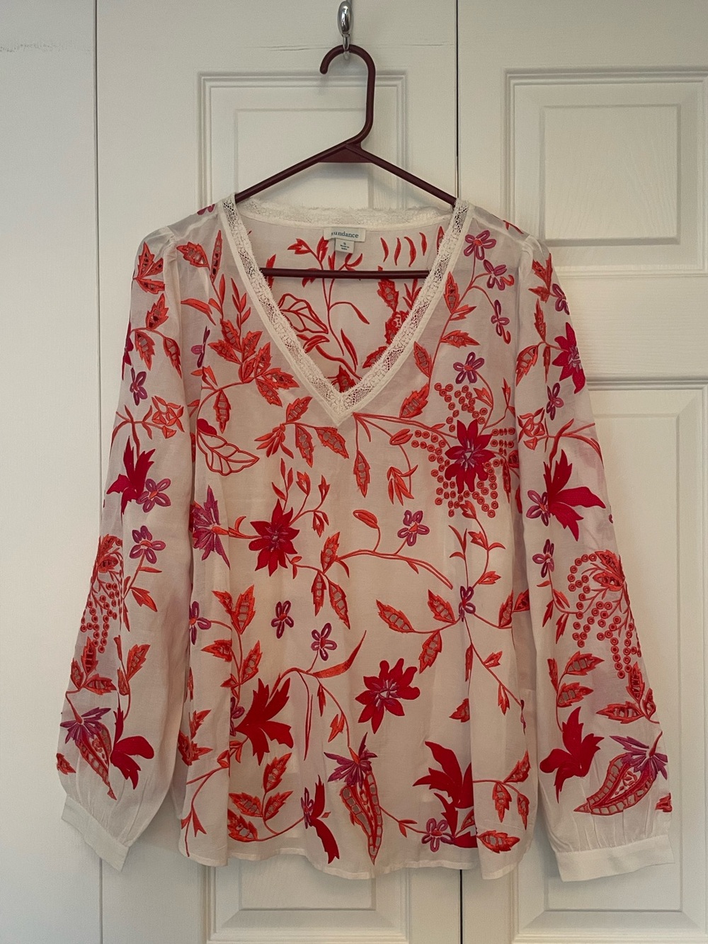 Sundance Embroidered Blouse with Red Floral Embroidery Small